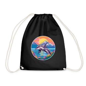 Dolphin Watercolor Cartoon Kawaii Pet Animal Color - Drawstring Bag - black - Front