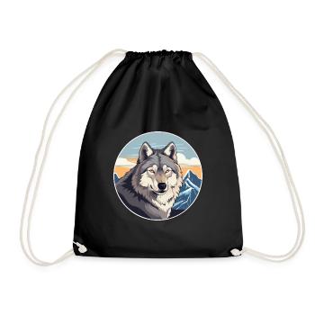 Wolf Watercolor Cartoon Kawaii Pet Animal Colorful - Drawstring Bag - black - Front