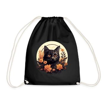 Süße Katze mit Blumen Tiermotiv Katzenliebhaber - Turnbeutel - Schwarz - Vorne