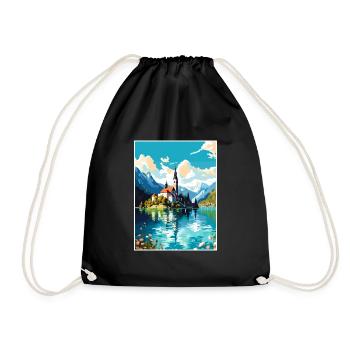 Lake Bled Slovenia Vintage Travel Poster Souvenir - Drawstring Bag - black - Front