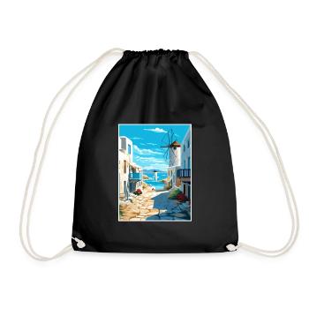 Mykonos Greece Decoration Vintage Travel Poster - Drawstring Bag - black - Front