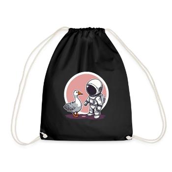 Cute Astronaut and Goose Cartoon Design | Space - Drawstring Bag - black - Front