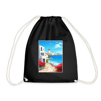 Mykonos Greece Decoration Vintage Travel Poster - Drawstring Bag - black - Front