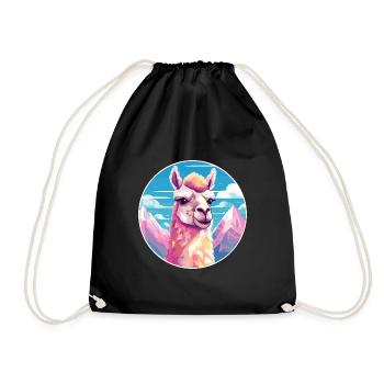 Llama Watercolor Cartoon Kawaii Pet Animal Colorfu - Drawstring Bag - black - Front