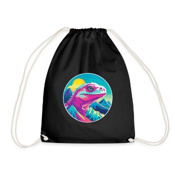 Iguana Watercolor Cartoon Kawaii Pet Animal Colorf - Drawstring Bag - black - Front