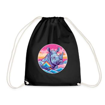 Rhino Watercolor Cartoon Kawaii Pet Animal Colorfu - Drawstring Bag - black - Front