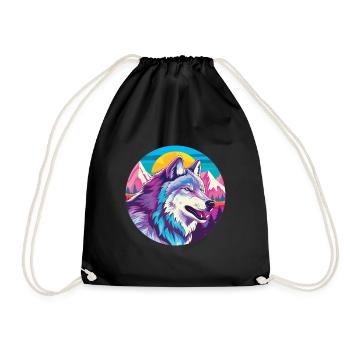 Wolf Watercolor Cartoon Kawaii Pet Animal Colorful - Drawstring Bag - black - Front