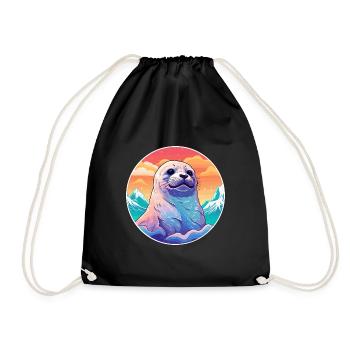 Seal Watercolor Cartoon Kawaii Pet Animal Colorful - Drawstring Bag - black - Front
