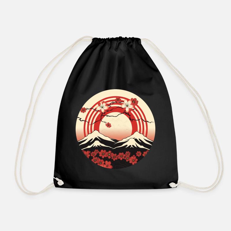 Kyoto Mountains: Cherry Blossoms and Flag - Drawstring Bag - black