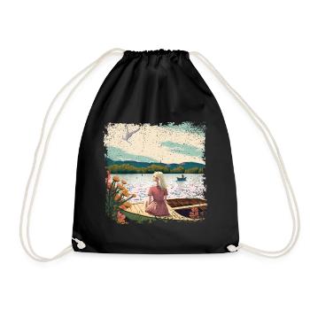 Woman sitting in boat by the water - Drawstring Bag - black - Front