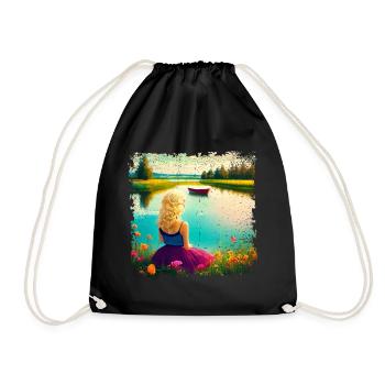 Woman sitting by the lake - vintage look - Drawstring Bag - black - Front