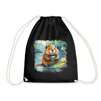 Cute young beaver with mobile phone - Drawstring Bag - black - Front