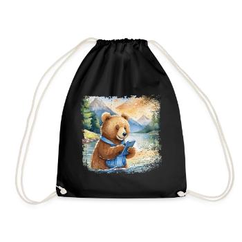 Cute young brown bear with mobile phone - Drawstring Bag - black - Front