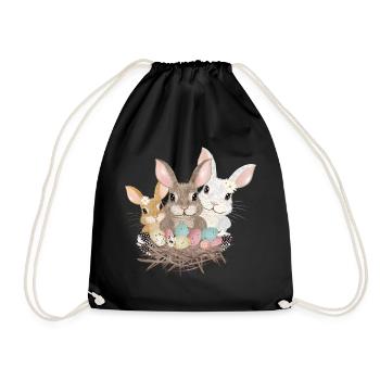 cute easter bunnies family with pastel easter eggs - Drawstring Bag - black - Front