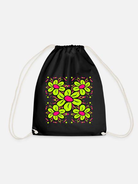 colorful blossom floral pattern daisies flower tendril - Drawstring Bag - black