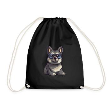 Norwegian Elkhound Dog Breed Watercolor Cartoon Ka - Drawstring Bag - black - Front