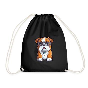 English Bulldog Dog Breed Watercolor Cartoon Kawai - Drawstring Bag - black - Front