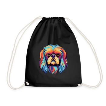 Pekingese Dog Breed Watercolor Cartoon Kawaii Colo - Drawstring Bag - black - Front