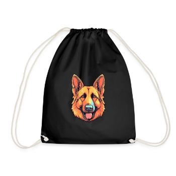 German Shepherd Dog Breed Watercolor Cartoon Kawai - Drawstring Bag - black - Front