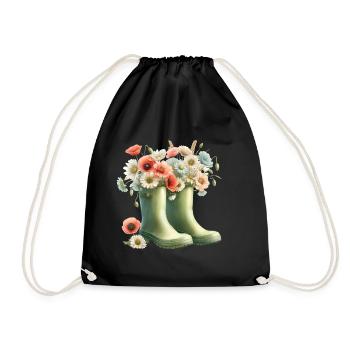Gartenmotiv: Zwei grüne Gummistiefel mit Blumen - Turnbeutel - Schwarz - Vorne