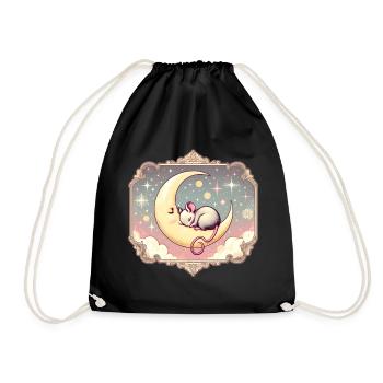 peacefully sleeping mouse, on a crescent moon - Drawstring Bag - black - Front