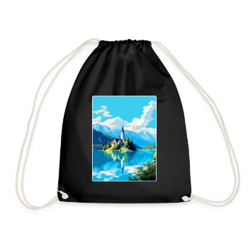 Lake Bled Slovenia Vintage Travel Poster Souvenir - Drawstring Bag - black - Front