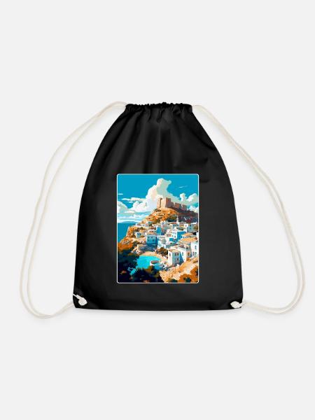 Lindos Greece Vintage Travel Poster WPA Souvenir - Drawstring Bag - black