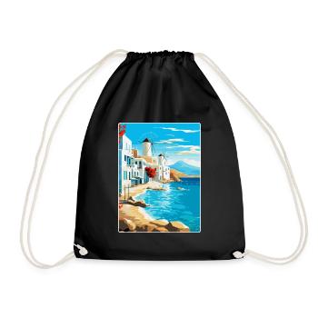 Mykonos Greece Vintage Travel Poster Souvenir WPA - Drawstring Bag - black - Front