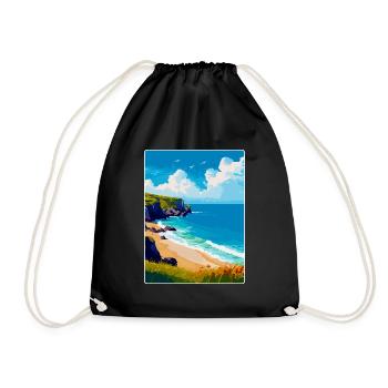Porthcurno Beach Cornwall England Uk Travel Poster - Drawstring Bag - black - Front