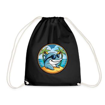 Dolphin Funny Cartoon Summer Beach Sunglasses Cool - Drawstring Bag - black - Front