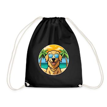 Golden Retriever Dog Breed Cartoon Sunglass Beach - Drawstring Bag - black - Front