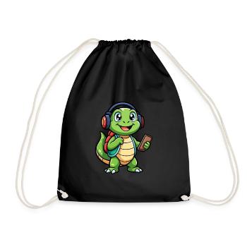 Turtle Funny Cartoon Character Headphone Music - Drawstring Bag - black - Front