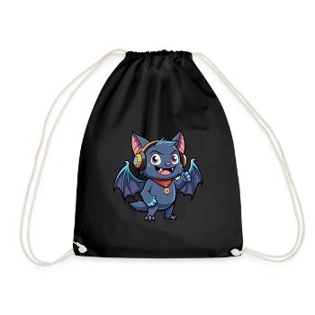 Bat Funny Cartoon Character Headphone Music - Drawstring Bag - black - Front