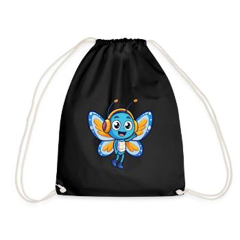 Butterfly Funny Cartoon Character Headphone Music - Drawstring Bag - black - Front