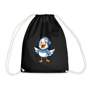 Seagull Funny Cartoon Character Headphone Music - Drawstring Bag - black - Front