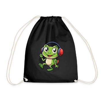 Frog Funny Cartoon Character Headphone Music - Drawstring Bag - black - Front