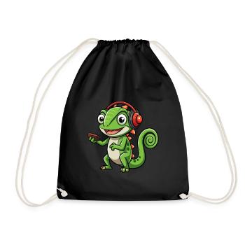 Chameleon Funny Cartoon Character Headphone Music - Drawstring Bag - black - Front