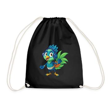 Peacock Funny Cartoon Character Headphone Music - Drawstring Bag - black - Front