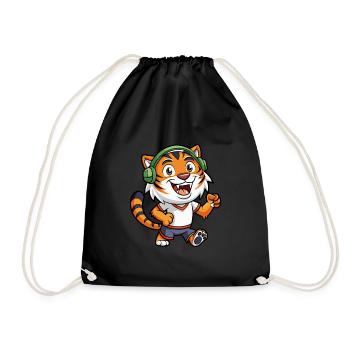 Tiger Lustige Zeichentrickfigur Kopfhörer Musik - Turnbeutel - Schwarz - Vorne