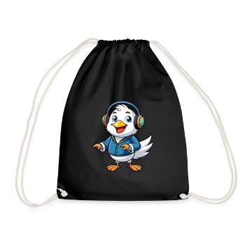 Seagull Funny Cartoon Character Headphone Music - Drawstring Bag - black - Front