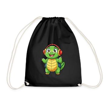 Turtle Funny Cartoon Character Headphone Music - Drawstring Bag - black - Front