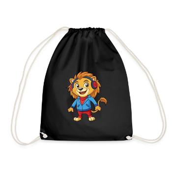 Lion Funny Cartoon Character Headphone Music - Drawstring Bag - black - Front