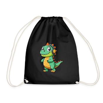 Dinosaurier Lustige Cartoon Figur Kopfhörer Musik - Turnbeutel - Schwarz - Vorne