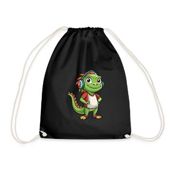 Iguana Funny Cartoon Character Headphone Music - Drawstring Bag - black - Front