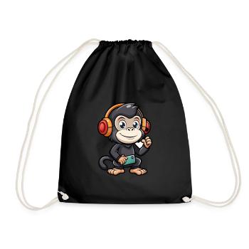 Chimpanzee Funny Cartoon Character Headphone Music - Drawstring Bag - black - Front