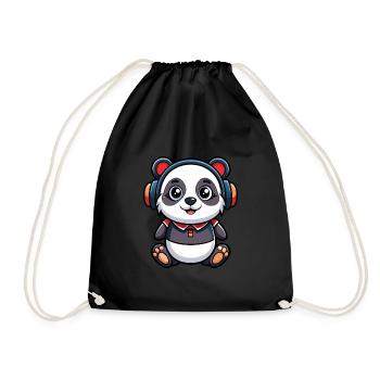 Panda Lustige Zeichentrickfigur Kopfhörer Musik - Turnbeutel - Schwarz - Vorne