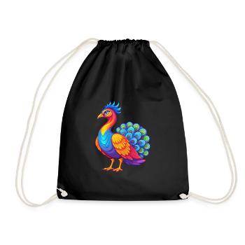 Peacock Colorful Kawaii Cartoon Character Clipart - Drawstring Bag - black - Front