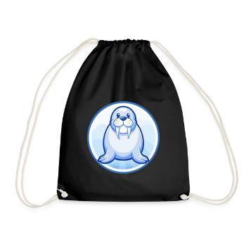 Walrus Blue Kawaii Cartoon Character Clipart Pet - Drawstring Bag - black - Front