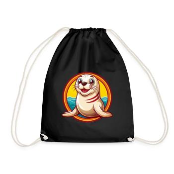 Robbe Niedlich Lustig Kawaii Cartoon Clipart Tier Haustier - Turnbeutel - Schwarz - Vorne