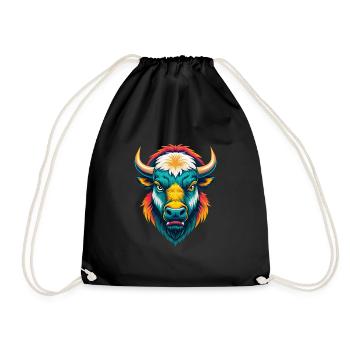 Bison Cute Kawaii Cartoon Clipart Animal Face - Drawstring Bag - black - Front